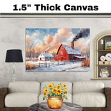 Red Barn in Winter – Snowy Farm Landscape with Horse and Carriage on Ready to Hang 1.5" Thick Canvas Wrap, Floating Framed Canvas, Flat Rolled Canvas