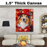 Sophisticated Style: Shetland Sheepdog in a Dashing Red Suit and Hat on Ready to Hang 1.5" Thick Canvas Wrap, Floating Framed Canvas, Flat Rolled Canvas