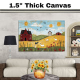 Farm Folk Art Print Featuring Red Barn Goats Sunny Hillside and Wildflowers Hand Painted Country Landscape Illustration for Rustic Wall Decor or Gift Idea on Ready to Hang 1.5" Thick Canvas Wrap, Floating Framed Canvas, Flat Rolled Canvas
