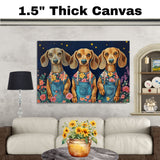 Three Adorable Dachshund Dogs in Floral Overalls Under a Starry Sky Fun and Whimsical Dog Artwork for Living Room Nursery or Pet Lover Gift Decor on Ready to Hang 1.5" Thick Canvas Wrap, Floating Framed Canvas, Flat Rolled Canvas