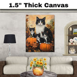 Autumn Whiskers: Tuxedo Cat Mom and Three Kittens with a Pumpkin in a Cozy Fall Setting on Ready to Hang 1.5" Thick Canvas Wrap, Floating Framed Canvas, Flat Rolled Canvas