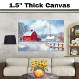 Christmas in the Country – Rustic Home with Red Barn and Snowfall on Ready to Hang 1.5" Thick Canvas Wrap, Floating Framed Canvas, Flat Rolled Canvas