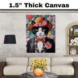 Floral Sophistication: Tuxedo Cat in a Flowery Hat and Elegant Suit Graceful Botanical Painting on Ready to Hang 1.5" Thick Canvas Wrap, Floating Framed Canvas, Flat Rolled Canvas