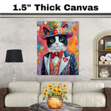 Charming Hearts: Tuxedo Cat in a Flowery Heart-Adorned Hat and Suit - Elegant Valentine's Painting on Ready to Hang 1.5" Thick Canvas Wrap, Floating Framed Canvas, Flat Rolled Canvas