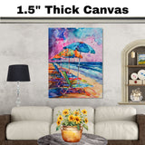 Vibrant Watercolor Painting of Beach Chairs and Umbrellas by the Ocean on Ready to Hang 1.5" Thick Canvas Wrap, Floating Framed Canvas, Flat Rolled Canvas