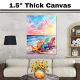 Watercolor Painting of Vibrant Rainbow Beach Chairs Facing Ocean Waves Beneath a Dramatic Sunset Sky on Ready to Hang 1.5" Thick Canvas Wrap, Floating Framed Canvas, Flat Rolled Canvas