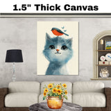 Playful Painting of a Wide-Eyed Blue Kitten with a Bright Orange Bird on Its Head Perfect for Whimsical Decor or a Thoughtful Gift for Animal Lovers on Ready to Hang 1.5" Thick Canvas Wrap, Floating Framed Canvas, Flat Rolled Canvas