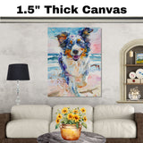 Energetic Multicolor Dog Running on Beach in Watercolor with Ocean Waves and Sky for Pet Lovers and Coastal Wall Art on Ready to Hang 1.5" Thick Canvas Wrap, Floating Framed Canvas, Flat Rolled Canvas