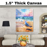 Watercolor Painting of a Seagull on the Beach with Rolling Ocean Waves and Colorful Sky at Sunset in a Coastal Scene on Ready to Hang 1.5" Thick Canvas Wrap, Floating Framed Canvas, Flat Rolled Canvas