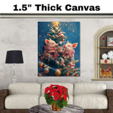 Two Baby Piglets in Scarves Sharing Cocoa on Christmas Tree Surrounded by Snowy Ornaments and Star Topper Holiday Art Print for Nursery or Winter Decor on Ready to Hang 1.5" Thick Canvas Wrap, Floating Framed Canvas, Flat Rolled Canvas