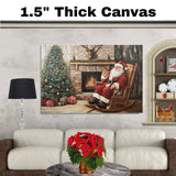 Santa Claus Sitting in Rocking Chair by Fireplace with Christmas Tree, Presents, Garland and Deer Mount in Rustic Cabin Style Holiday Living Room Scene on Ready to Hang 1.5" Thick Canvas Wrap, Floating Framed Canvas, Flat Rolled Canvas