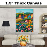 Whimsical Folk Art Canvas – Colorful Houses and Flowers on Rolling Hills in a Cheerful Landscape on Ready to Hang 1.5" Thick Canvas Wrap, Floating Framed Canvas, Flat Rolled Canvas