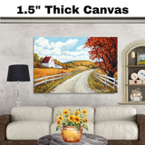 Autumn Country Road with Red Barn Tree – Folk Art Landscape Print of Peaceful Farmhouse Scene on Ready to Hang 1.5" Thick Canvas Wrap, Floating Framed Canvas, Flat Rolled Canvas