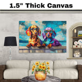 Colorful Dachshund Art Print Featuring Two Quirky Dogs in Glasses Sitting on Fence Bold Hand Painted Pop Style Pet Portrait for Unique Wall Decor or Gift on Ready to Hang 1.5" Thick Canvas Wrap, Floating Framed Canvas, Flat Rolled Canvas
