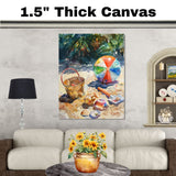 Watercolor Beach Scene with Colorful Ball, Shells, Rusty Bucket, Spade, and Tropical Foliage in the Background on Ready to Hang 1.5" Thick Canvas Wrap, Floating Framed Canvas, Flat Rolled Canvas