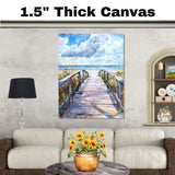 Sunny Coastal Boardwalk Watercolor Painting – Path to the Beach with Ocean Horizon and Sea Grass Accents on Ready to Hang 1.5" Thick Canvas Wrap, Floating Framed Canvas, Flat Rolled Canvas