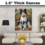 Blossoming Meadow: Tuxedo Cat Mom and Three Kittens in Spring on Ready to Hang 1.5" Thick Canvas Wrap, Floating Framed Canvas, Flat Rolled Canvas