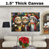 Painting of Three Cute Christmas Cats Wearing Santa Hats and Scarves Holding Colorful Holiday Lights with a Festive Pine Tree Background and Cheerful Expressions on Ready to Hang 1.5" Thick Canvas Wrap, Floating Framed Canvas, Flat Rolled Canvas