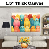 Seamless Pattern Art of Cute Colorful Plump Birds with Bright Feathers in Pastel and Bold Tones — Perfect for Nursery, Kids' Projects, or Animal Lovers on Ready to Hang 1.5" Thick Canvas Wrap, Floating Framed Canvas, Flat Rolled Canvas