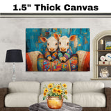 Playful Painting of Two Cows in Colorful Pajamas Sitting Close Under a Patchwork Quilt with Big Eyes and a Bold Blue and Orange Abstract Background on Ready to Hang 1.5" Thick Canvas Wrap, Floating Framed Canvas, Flat Rolled Canvas
