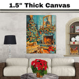 A Vintage Christmas Scene of a Living Room With Christmas Tree, Puppies & Gifts on Ready to Hang 1.5" Thick Canvas Wrap, Floating Framed Canvas, Flat Rolled Canvas