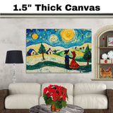 Folk Art of a Couple Dancing on a Snowy Christmas Night Beneath a Starry Sky in a Charming Winter Village on Ready to Hang 1.5" Thick Canvas Wrap, Floating Framed Canvas, Flat Rolled Canvas