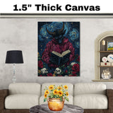 Dark Surreal Art of Horned Devil Figure in Red Hoodie Reading a Book, Surrounded by Skulls, Roses, and Starry Swirling Sky in Gothic Fantasy Style on Ready to Hang 1.5" Thick Canvas Wrap, Floating Framed Canvas, Flat Rolled Canvas