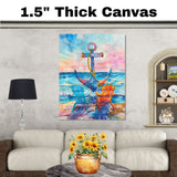Watercolor Painting of Adirondack Chairs Facing Ocean with Large Anchor and Colorful Sunset Sky in Coastal Style on Ready to Hang 1.5" Thick Canvas Wrap, Floating Framed Canvas, Flat Rolled Canvas