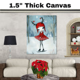 Whimsical Christmas Girl Ice Skating in Red Antler Hat and Dress Cute Fantasy Winter Art Print or Canvas for Holiday Decor and Collectors on Ready to Hang 1.5" Thick Canvas Wrap, Floating Framed Canvas, Flat Rolled Canvas