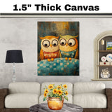 Whimsical Painting of Two Cute Colorful Owls in Sweaters Sitting Together on a Cozy Blanket in a Textured Artistic Style on Ready to Hang 1.5" Thick Canvas Wrap, Floating Framed Canvas, Flat Rolled Canvas