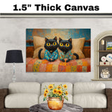 Painting of Two Cute Black Cats Sitting Side by Side on a Colorful Bed Wearing Pajamas with Big Yellow Eyes in a Cozy Bedroom Scene with Warm Painted Textures on Ready to Hang 1.5" Thick Canvas Wrap, Floating Framed Canvas, Flat Rolled Canvas