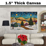 Charming Christmas Village with Decorated Tree and Golden Hills Under a Starry Night Sky in Whimsical Folk Art on Ready to Hang 1.5" Thick Canvas Wrap, Floating Framed Canvas, Flat Rolled Canvas