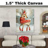 Whimsical Christmas Deer Ice Skating Red Scarf and Santa Hat Winter Animal Illustration for Holiday Wall Decor Nursery or Woodland Themed Room on Ready to Hang 1.5" Thick Canvas Wrap, Floating Framed Canvas, Flat Rolled Canvas