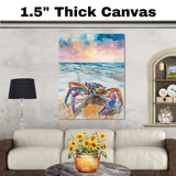 Vibrant Watercolor Crab Painting – Colorful Beach Crab with Sunset Sky and Ocean Waves Coastal Wall Art Print on Ready to Hang 1.5" Thick Canvas Wrap, Floating Framed Canvas, Flat Rolled Canvas