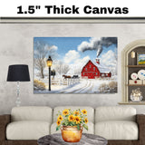 Winter Country Charm – White House and Red Barn Wall Art on Ready to Hang 1.5" Thick Canvas Wrap, Floating Framed Canvas, Flat Rolled Canvas