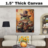 Autumn Reverie: Green Frog Family in Victorian European Dresses and Hats on Ready to Hang 1.5" Thick Canvas Wrap, Floating Framed Canvas, Flat Rolled Canvas