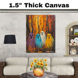 Colorful Ghosts in Autumn Forest – Whimsical Halloween Wall Art on Ready to Hang 1.5" Thick Canvas Wrap, Floating Framed Canvas, Flat Rolled Canvas