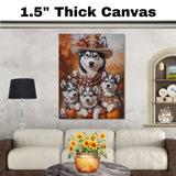 Autumn Charm: Siberian Husky Mom and Her Three Puppies in Victorian Elegance on Ready to Hang 1.5" Thick Canvas Wrap, Floating Framed Canvas, Flat Rolled Canvas
