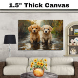 Adorable Puppies by the Pond – Impressionist Style Dog on Ready to Hang 1.5" Thick Canvas Wrap, Floating Framed Canvas, Flat Rolled Canvas
