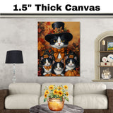 Autumn Whimsy: Tuxedo Cat Mom and Three Kittens in Festive Costumes with Pumpkins on Ready to Hang 1.5" Thick Canvas Wrap, Floating Framed Canvas, Flat Rolled Canvas