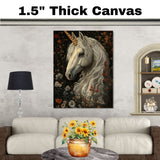 White Unicorn with Wildflowers Painting Elegant Fantasy Art Mystical Horse Portrait Perfect for Home Office Nursery Wall Decor Gift for Fantasy and Nature Lovers on Ready to Hang 1.5" Thick Canvas Wrap, Floating Framed Canvas, Flat Rolled Canvas