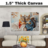 Heartwarming Painting of Two Squirrels in Colorful Knitted Sweaters Snuggled Together in Cozy Blankets Under Autumn Branches with Gentle Expressions on Ready to Hang 1.5" Thick Canvas Wrap, Floating Framed Canvas, Flat Rolled Canvas