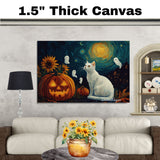 Halloween Cat Art – White Kitty, Glowing Pumpkin, Flying Ghosts, and Sunflowers Under a Van Gogh-Inspired Night Sky on Ready to Hang 1.5" Thick Canvas Wrap, Floating Framed Canvas, Flat Rolled Canvas