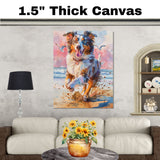 Watercolor Painting of a Happy Fluffy Dog Running on the Beach with Ocean Waves and Vibrant Pink Blue Sunset Sky on Ready to Hang 1.5" Thick Canvas Wrap, Floating Framed Canvas, Flat Rolled Canvas