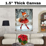 Whimsical Christmas Fox Ice Skating in Red Dress Holiday Wall Art Print Winter Animal Snow Scene Illustration for Kids Room Nursery or Seasonal Home Decor on Ready to Hang 1.5" Thick Canvas Wrap, Floating Framed Canvas, Flat Rolled Canvas