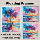 Rainbow Palm Trees by Ocean Sunset Watercolor Painting with Vibrant Sky and Tropical Coastal Beach Scenery on Ready to Hang 1.5" Thick Canvas Wrap, Floating Framed Canvas, Flat Rolled Canvas