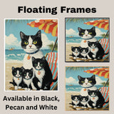 Seaside Serenity: Tuxedo Cat Mom and Three Kittens Relaxing Under a Beach Umbrella on Ready to Hang 1.5" Thick Canvas Wrap, Floating Framed Canvas, Flat Rolled Canvas
