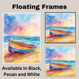 Watercolor Painting of Colorful Wooden Boat on Sandy Shore with Sunrise Reflections and Bright Ocean Waves Under Vibrant Sky on Ready to Hang 1.5" Thick Canvas Wrap, Floating Framed Canvas, Flat Rolled Canvas