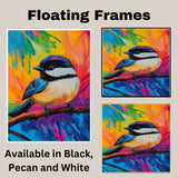 Bold Chickadee Bird with Blue and Yellow Plumage on Branch Against Abstract Rainbow Background on Ready to Hang 1.5" Thick Canvas Wrap, Floating Framed Canvas, Flat Rolled Canvas