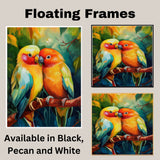 Vivid Lovebird Pair Artwork Featuring Colorful Tropical Parrots Cuddling on a Branch with Bright Feathers and Lush Jungle Background on Ready to Hang 1.5" Thick Canvas Wrap, Floating Framed Canvas, Flat Rolled Canvas